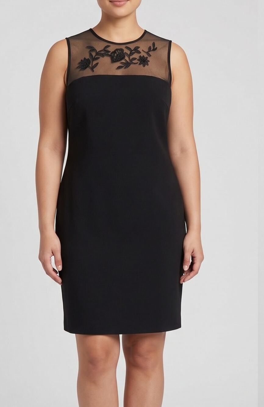 Joneswear Black Size 16 Sleeveless Sheath Cocktail Dress Mesh Yoke Embroidery